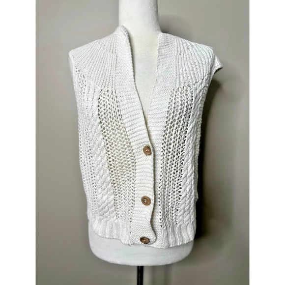 Specialty House White Crochet Sweater Cardigan Vest Large Button Boho Fisherman - Picture 1 of 11